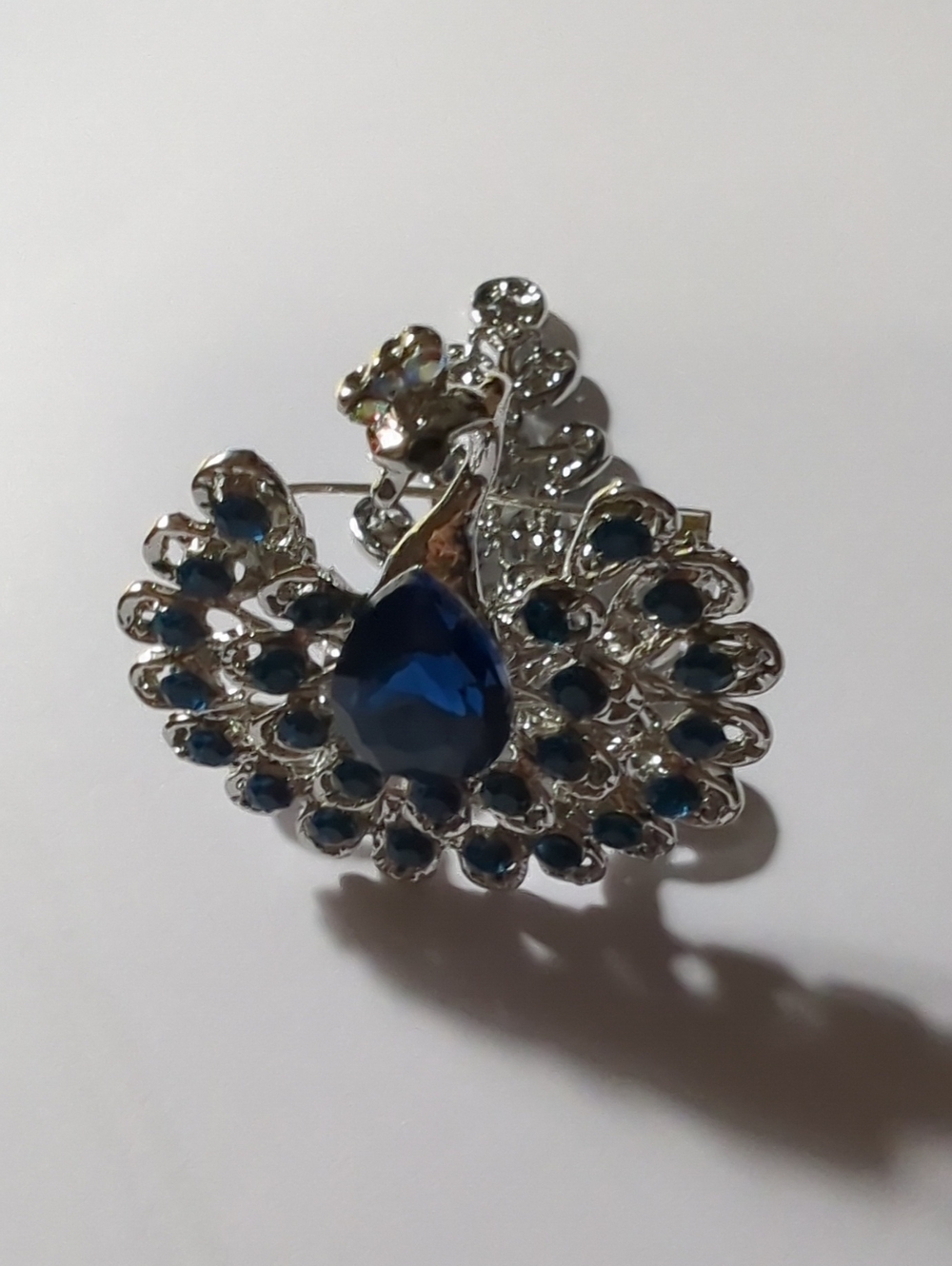 Vintage Articulated Peacock Brooch Teal Blue Crystal Rhinestones Silver 4" - Picture 7 of 10